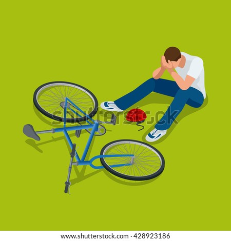 Bicycle accident.  Man falls off his bicycle. Flat  3d vector isometric illustration