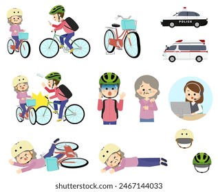 Bicycle accident set of a senior woman and a man looking at his smartphone