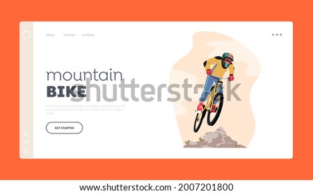 Bicycle Active Sport Landing Page Template. Cyclist Sportsman Character in Sports Wear and Helmet Riding Mountain Bike, Outdoor Summer Extreme Lifestyle, Bike Competition. Cartoon Vector Illustration