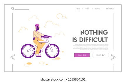 Bicycle Active Sport Life and Healthy Lifestyle Website Landing Page. Cyclist Woman in Sports Wear and Helmet Riding Bike. Bike Rider Race Web Page Banner. Cartoon Flat Vector Illustration, Line Art