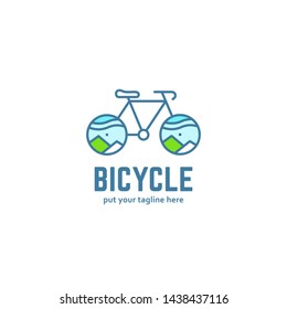 Bicycle adventure outdoor logo icon, monoline line style bike bicycle logo with mountain landscape on the wheel