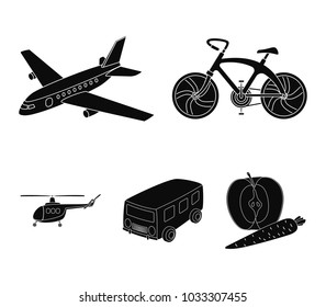 Bicycle, airplane, bus, helicopter types of transport. Transport set collection icons in black style vector symbol stock illustration web.