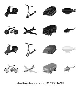 Bicycle, airplane, bus, helicopter types of transport. Transport set collection icons in black,monochrome style vector symbol stock illustration web.