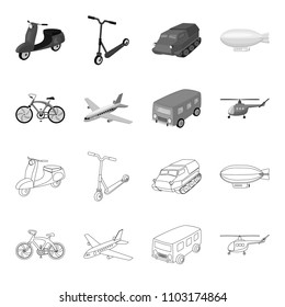 Bicycle, airplane, bus, helicopter types of transport. Transport set collection icons in outline,monochrome style vector symbol stock illustration web.