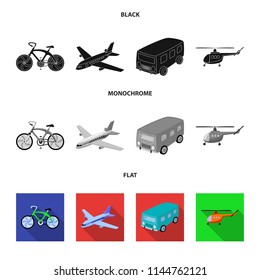 Bicycle, airplane, bus, helicopter types of transport. Transport set collection icons in black, flat, monochrome style vector symbol stock illustration web.