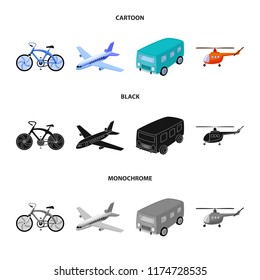 Bicycle, airplane, bus, helicopter types of transport. Transport set collection icons in cartoon,black,monochrome style vector symbol stock illustration web.