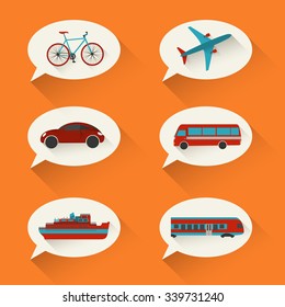 bicycle; airplane; car; auto; bus; motorbus; steamship; train on orange background & pleasant trip