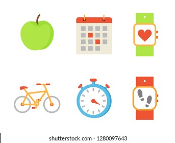 Bicycle and apple fruit set of icons vector. Bike and calendar with highlighted events, wristband with heart rate and steps quantity. Timer and watch