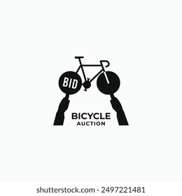 Bicycle auction logo design concept. A road bike with bidder hands holding auction paddle vector logo illustration