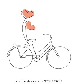 Bicicleta con corazones en globo. Ilustración vectorial para el día de San Valentín. Dibujo continuo de una bicicleta