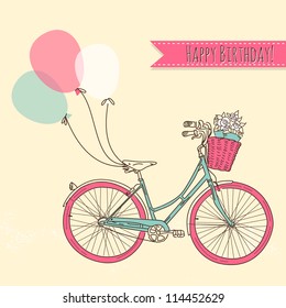 Bicycle with balloons and a basket full of flowers, Romantic Birthday card