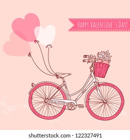 Bicycle with balloons and a basket full of flowers, Romantic Valentine's Day Card