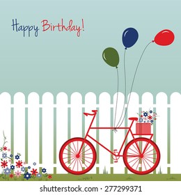 Bicycle with balloons and flowers in front the fence. Romantic birthday card. Vector illustration.