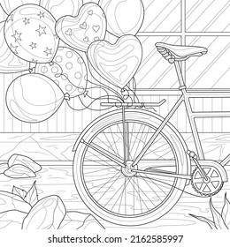  Bicycle with balloons near the house.Coloring book antistress for children and adults. Illustration isolated on white background.Zen-tangle style. Hand draw