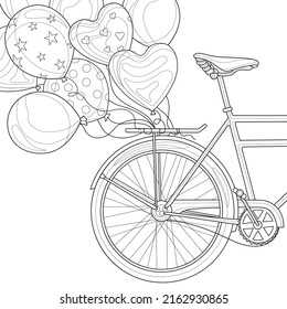  Bicycle with balloons.Coloring book antistress for children and adults. Illustration isolated on white background.Zen-tangle style. Hand draw