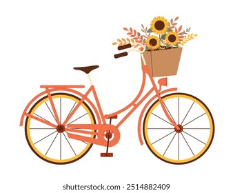 Bicycle with basket of autumn flowers. Vector illustration of bouquet with a sunflower for seasonal designs, floral themes, and cheerful decorative projects