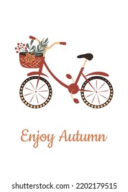 Bicycle with a basket and autumn leaves. Greeting card with picture and text "Enjoy autumn".