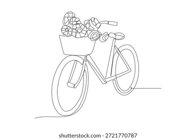 Bicicleta com cesta cheia de flores. Desenho de uma linha com conceito de mola