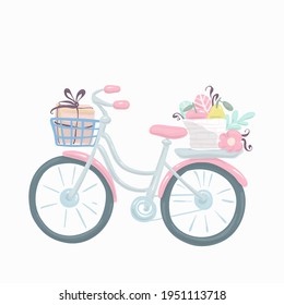 Bicycle with a basket and flowers carries a parcel. Pastel shades. Elements for the design of textiles, cards, t-shirts.