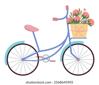 Bicycle and basket with flowers. Floral springtime hand drawn illustration.