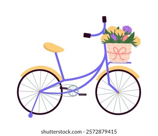 Bicycle and basket with flowers. Floral springtime hand drawn illustration.