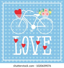 Bicycle with a basket of flowers and heart.  Postcard template with Valentine's Day