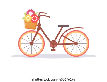 Bicycle with basket of flowers. Isolated art on white background. Vector. Cartoon. Flat.