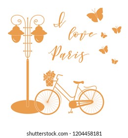 Bicycle with a basket of flowers, lantern, butterflies. The inscription I love Paris. Travel and leisure.