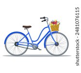 Bicycle with basket of flowers. Spring time. Vector illustration in flat design