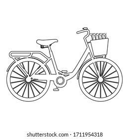 Bicycle with basket and flowers tulips icon outline black color vector illustration flat style image