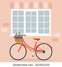 Bicycle with basket of flowers under the window. Vector illustration 