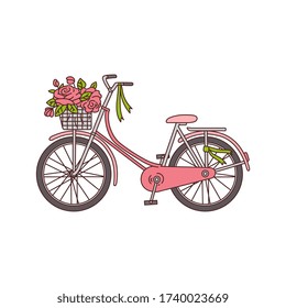 Bicycle with basket full of blooming flowers icon sketch vector illustration isolated on white background. Romantic spring or summer vacation travel symbol.