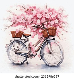 bicycle with basket full of cherry blossom , watercolor style