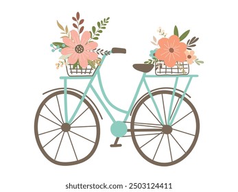 Bicycle with a basket full of flowers and leaves. Cute vector illustration. Simple flat style for wedding design.