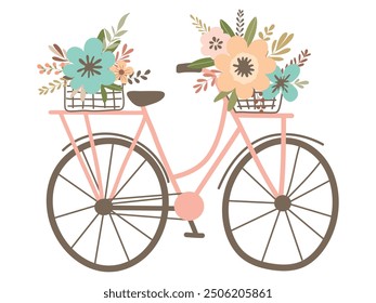 Bicicleta con una cesta llena de flores y hojas. Linda Ilustración vectorial. Estilo plano simple para el diseño de la boda.