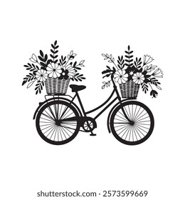 Bicycle with a basket full of flowers and leaves illustration vector