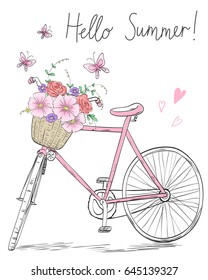 Bicycle with a basket full of flowers on background with butterflies and inscription Hello Summer! Vector illustration.