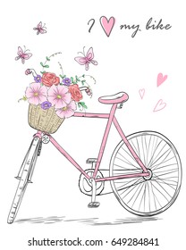 Bicycle with a basket full of flowers on background with butterflies and inscription I love my bike. Vector illustration.