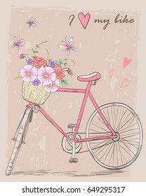 Bicycle with a basket full of flowers on background with butterflies and inscription I love my bike. Vector illustration.