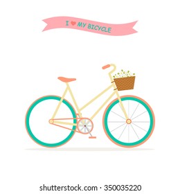 Bicycle with basket full of flowers. Romantic Greeting card with cute bike. Wedding Bicycle with Flowers. Vector Illustration.