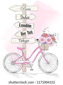 Bicycle with a basket full of flowers and signpost in the cities of the world. Vector illustration.