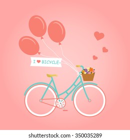 Bicycle with basket full of flowers and three red balloons. Romantic Greeting card with cute bike. Wedding Bicycle with Flowers. Vector Illustration.