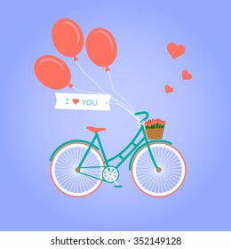 Bicycle with basket full of flowers and three red balloons. Romantic Greeting card with cute bike. Wedding Bicycle with Flowers. Valentine's Day Card. Vector Illustration.