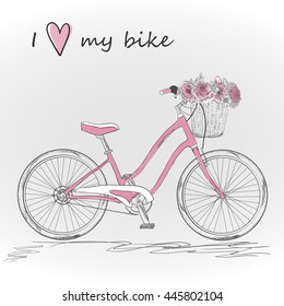 Bicycle with a basket full of flowers. Vector illustration.