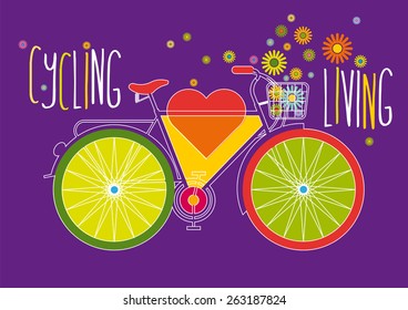 bicycle with basket full of flowers and the words cycling and living
