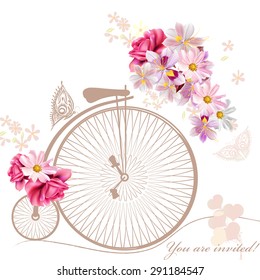 Bicycle with basket fully of  flowers and butterflies around it