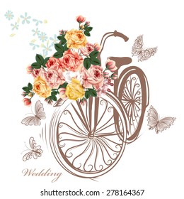 Bicycle with basket fully of rose flowers and butterflies around it. Cute vector illustration with bike and beautiful rose flowers. Ideal for invitation design, save the date, wedding and other