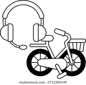 Ein Fahrrad mit einem Korb und einem Headset am Lenker. Das Fahrrad ist ein Symbol für Freiheit und Abenteuer, während das Headset für Kommunikation und Verbindung steht. Konzept der Erkundung der Natur