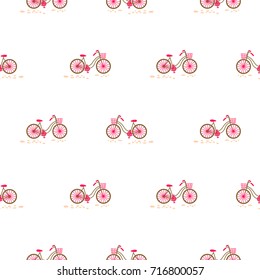 Bicycle with basket on the front wheel pink on white seamless pattern vector.