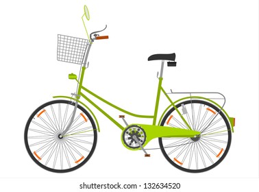 A bicycle with a basket on a white background.